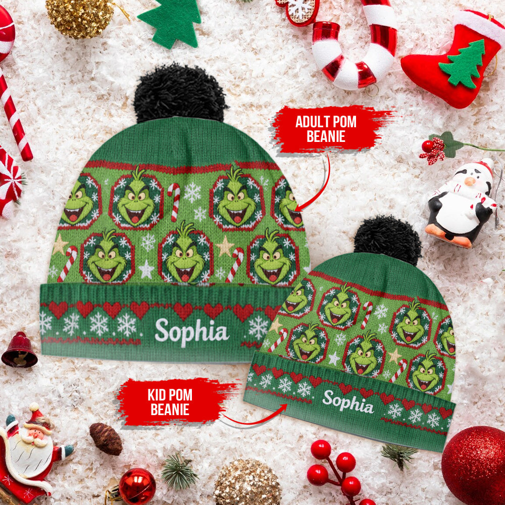 Personalized Grinch Mass Beanie Hat Custom Name Holiday Gift Beanie Hat GradoCreations