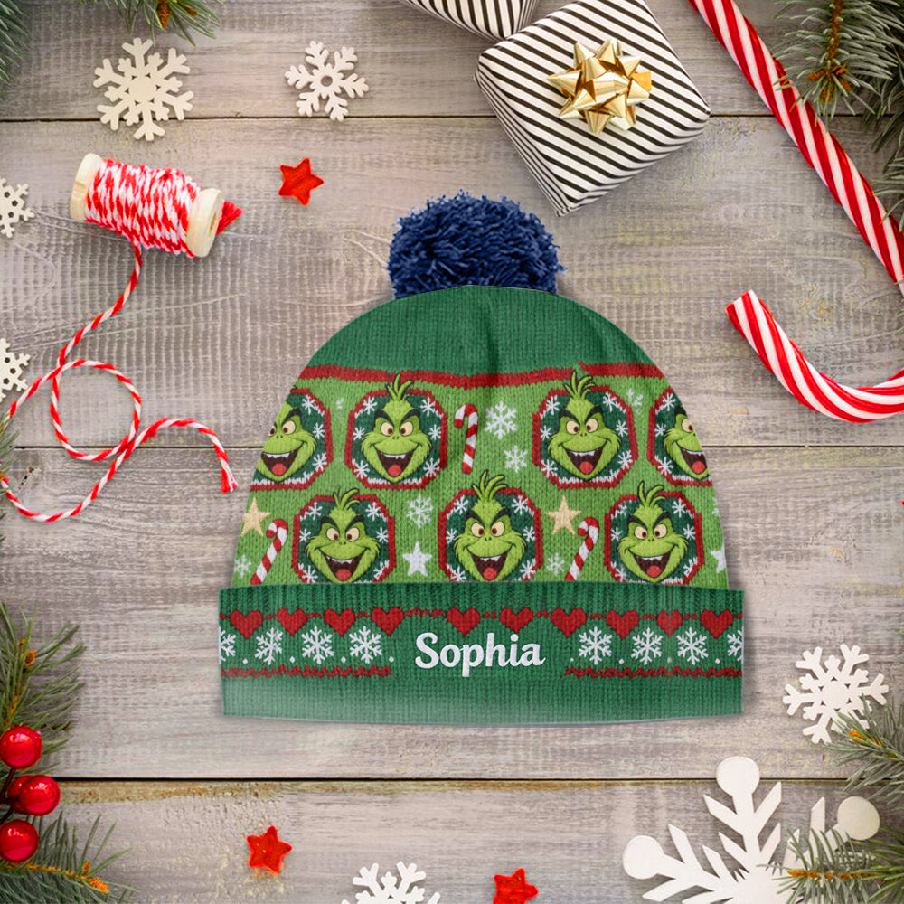 Personalized Grinch Mass Beanie Hat Custom Name Holiday Gift Beanie Hat GradoCreations
