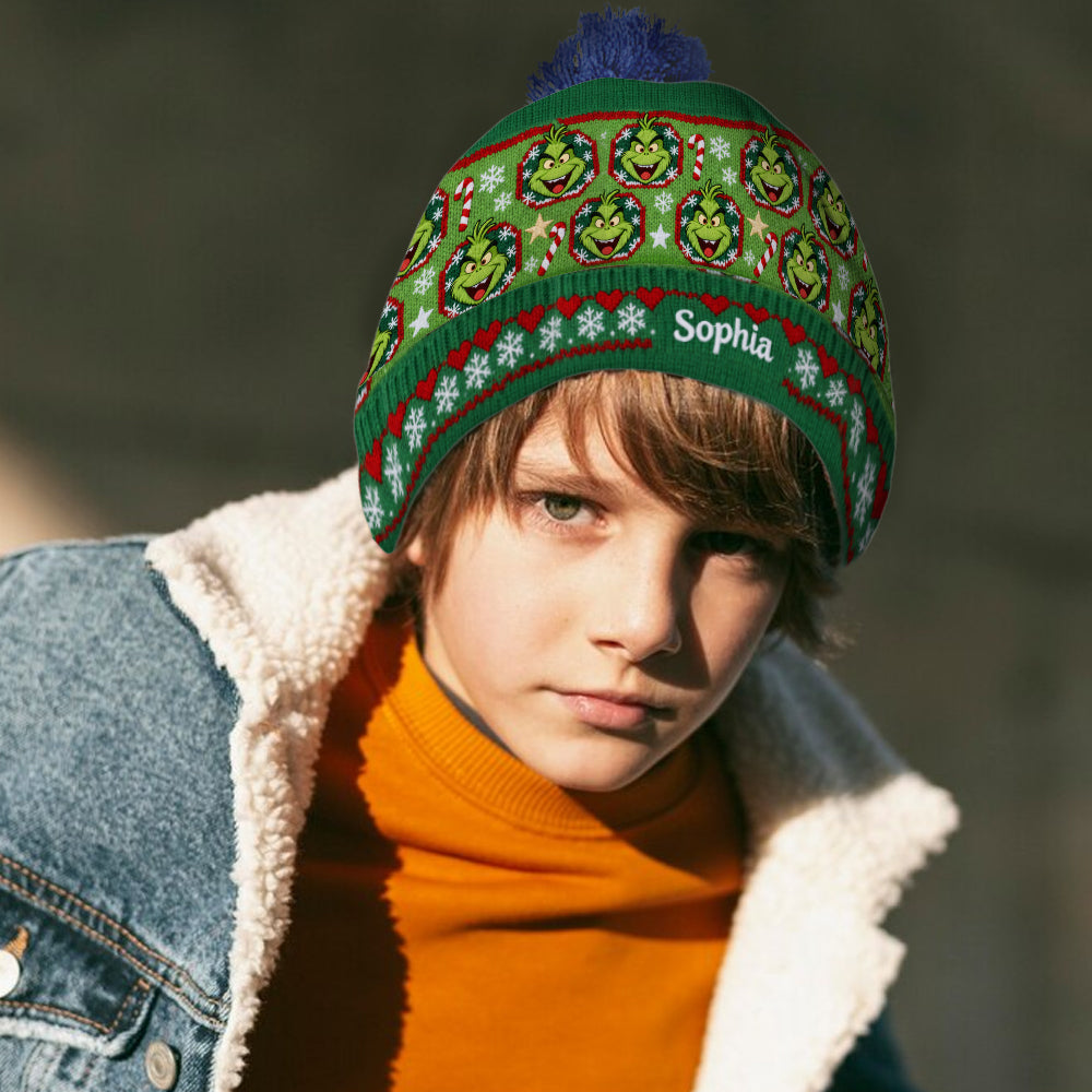 Personalized Grinch Mass Beanie Hat Custom Name Holiday Gift Beanie Hat GradoCreations