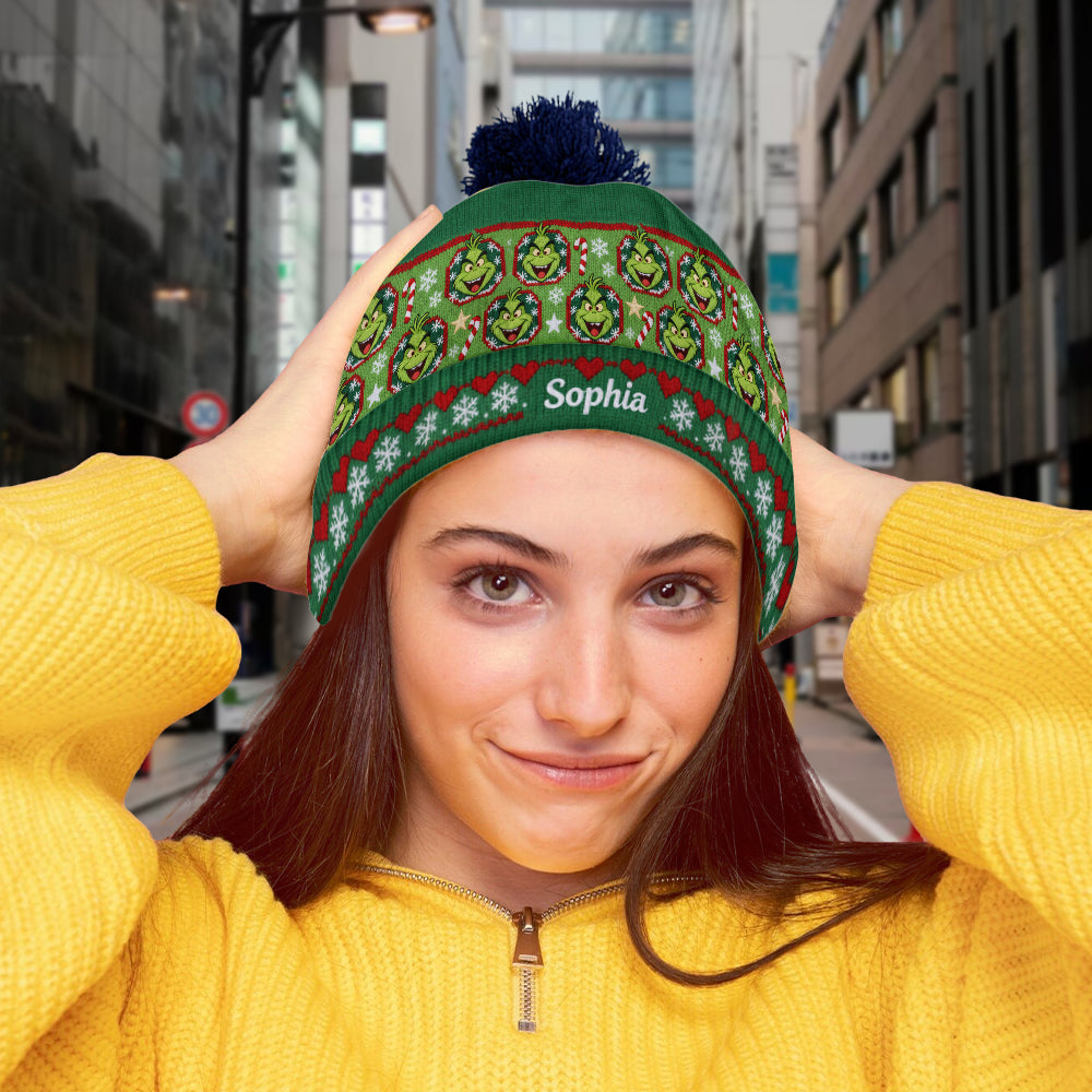 Personalized Grinch Mass Beanie Hat Custom Name Holiday Gift Beanie Hat GradoCreations
