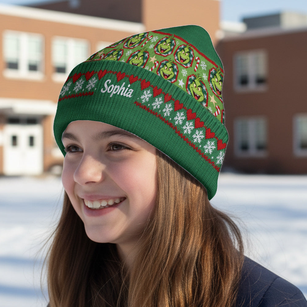 Personalized Grinch Mass Beanie Hat Custom Name Holiday Gift Beanie Hat GradoCreations