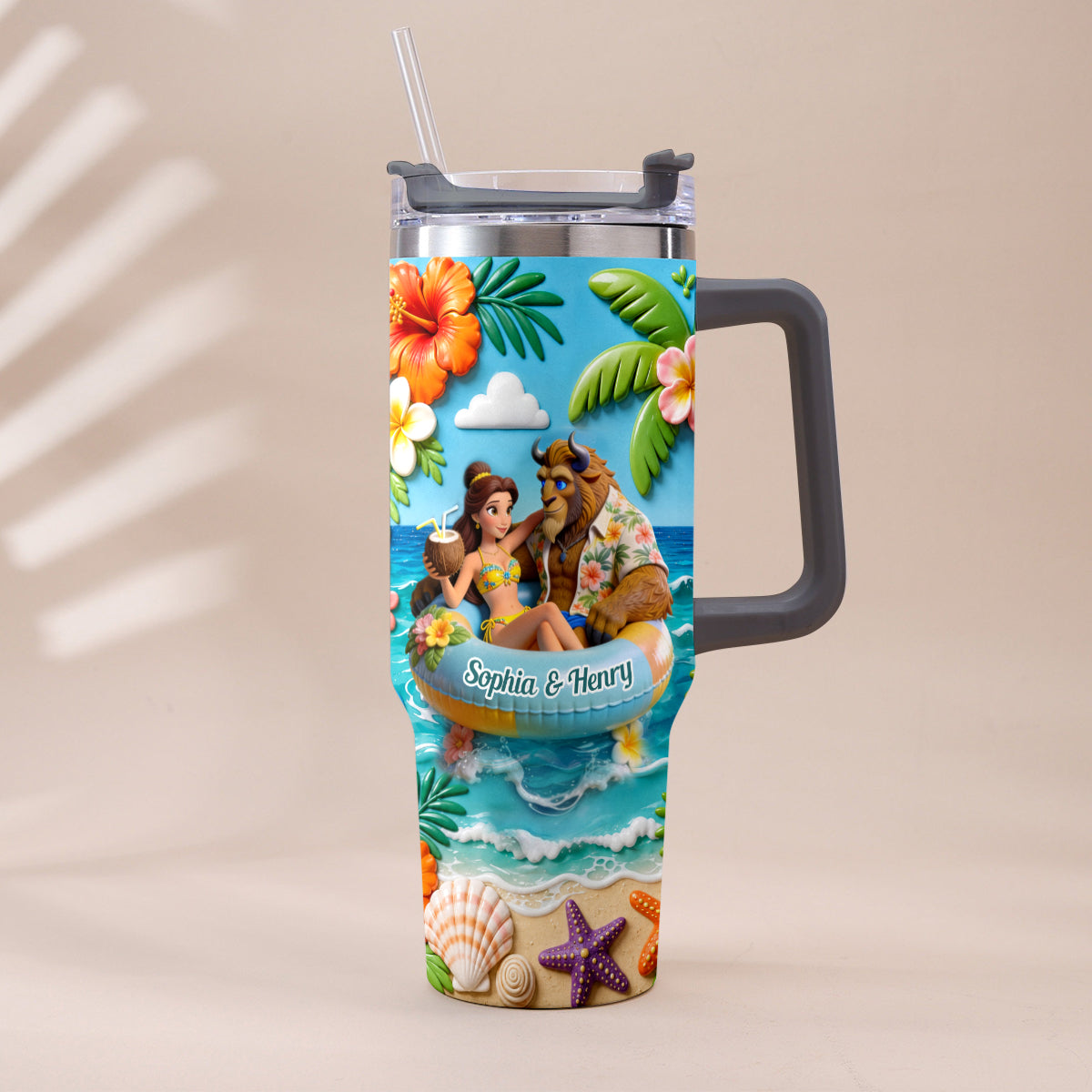 Personalized Beauty and the Beast Tumbler with Plush Charm for Couples Tumbler With Plush Charm GradoCreations
