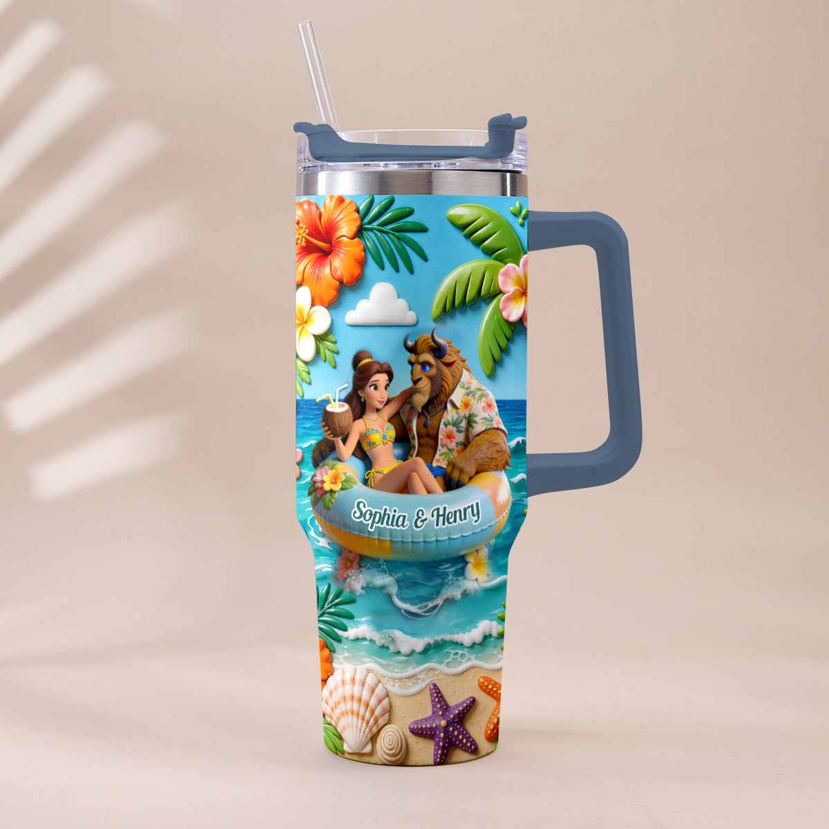Personalized Beauty and the Beast Tumbler with Plush Charm for Couples Tumbler With Plush Charm GradoCreations