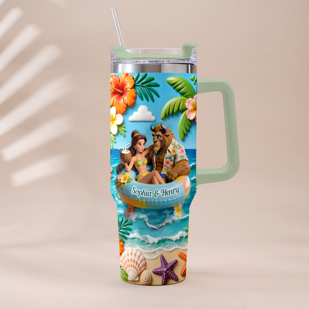 Personalized Beauty and the Beast Tumbler with Plush Charm for Couples Tumbler With Plush Charm GradoCreations