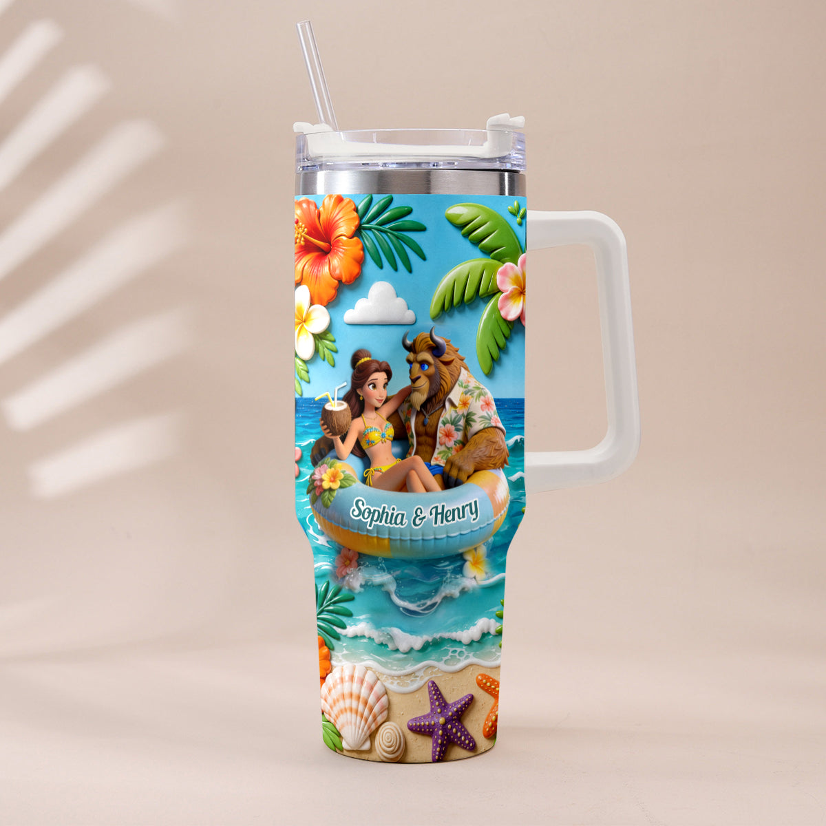 Personalized Beauty and the Beast Tumbler with Plush Charm for Couples Tumbler With Plush Charm GradoCreations