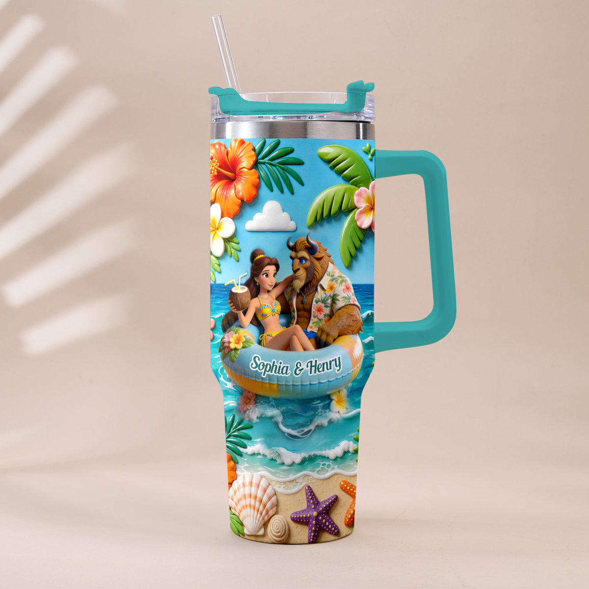Personalized Beauty and the Beast Tumbler with Plush Charm for Couples Tumbler With Plush Charm GradoCreations