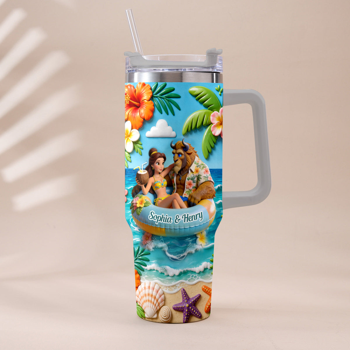 Personalized Beauty and the Beast Tumbler with Plush Charm for Couples Tumbler With Plush Charm GradoCreations