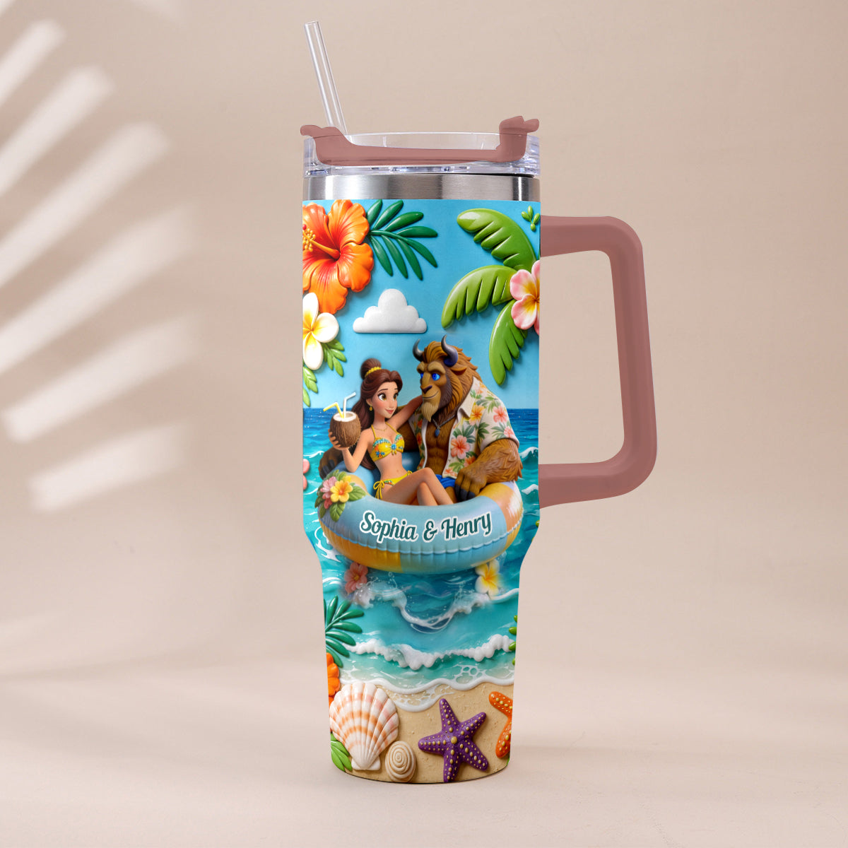 Personalized Beauty and the Beast Tumbler with Plush Charm for Couples Tumbler With Plush Charm GradoCreations