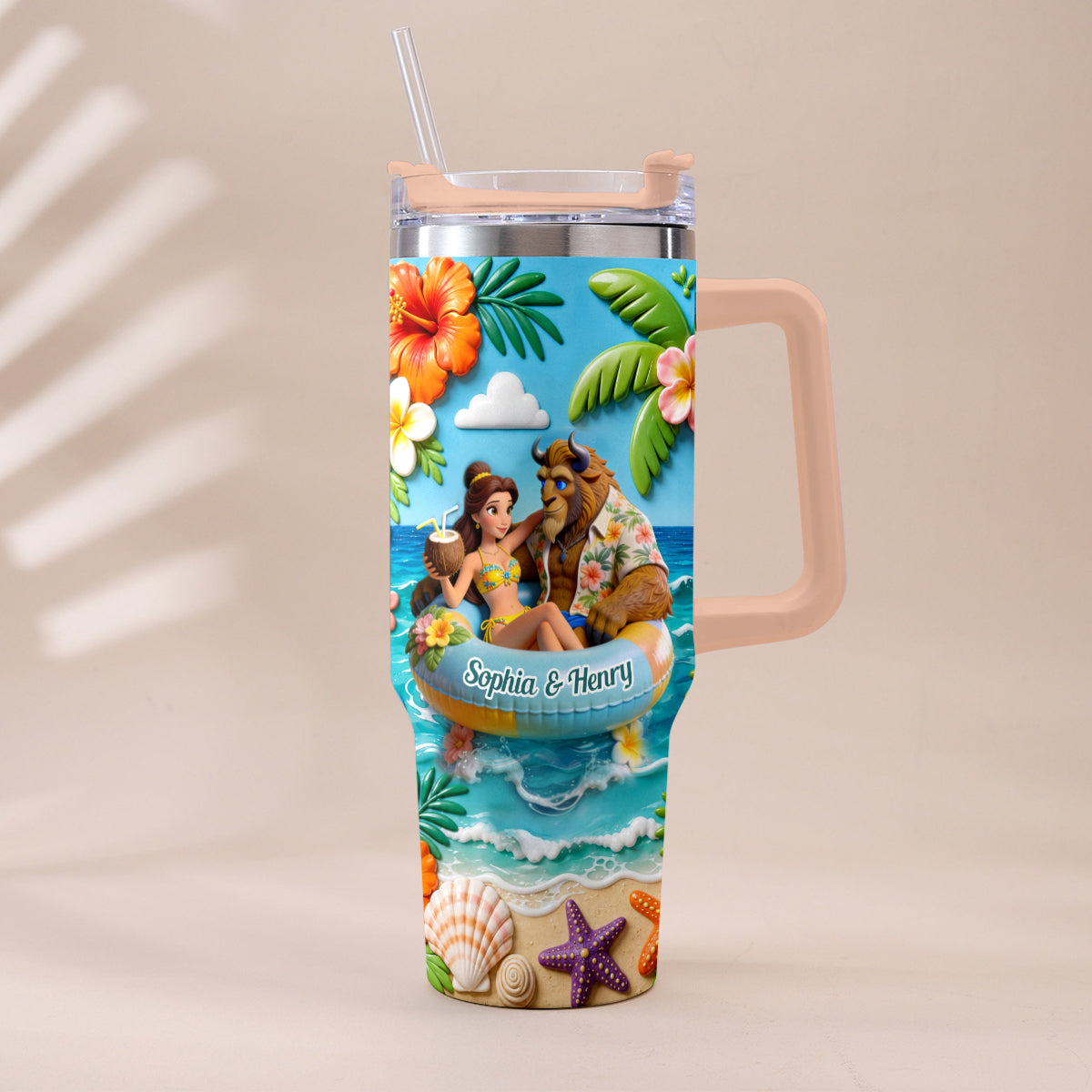 Personalized Beauty and the Beast Tumbler with Plush Charm for Couples Tumbler With Plush Charm GradoCreations