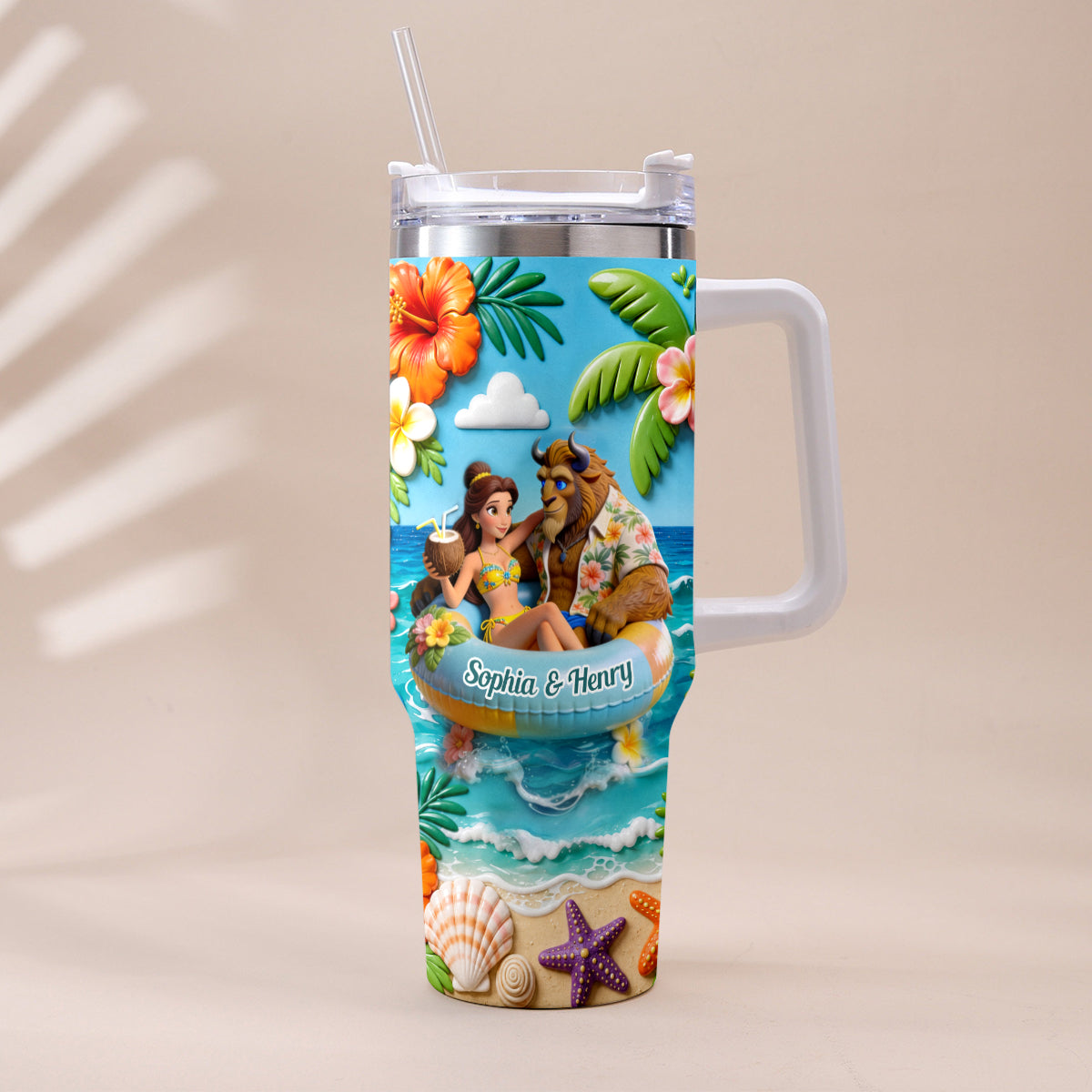 Personalized Beauty and the Beast Tumbler with Plush Charm for Couples Tumbler With Plush Charm GradoCreations