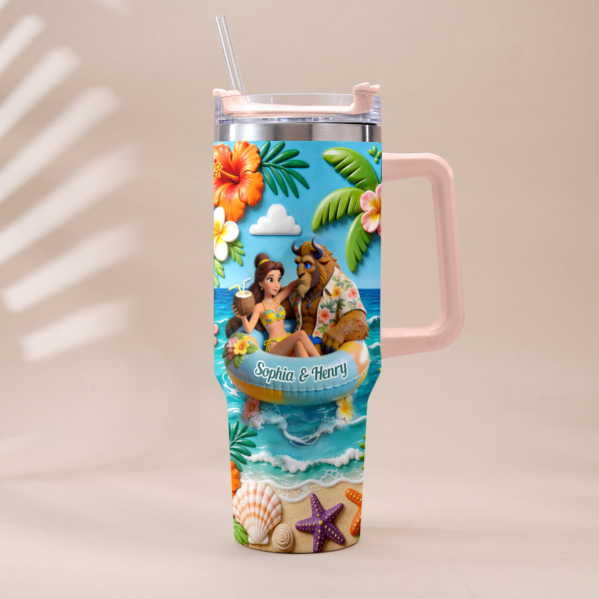 Personalized Beauty and the Beast Tumbler with Plush Charm for Couples Tumbler With Plush Charm GradoCreations