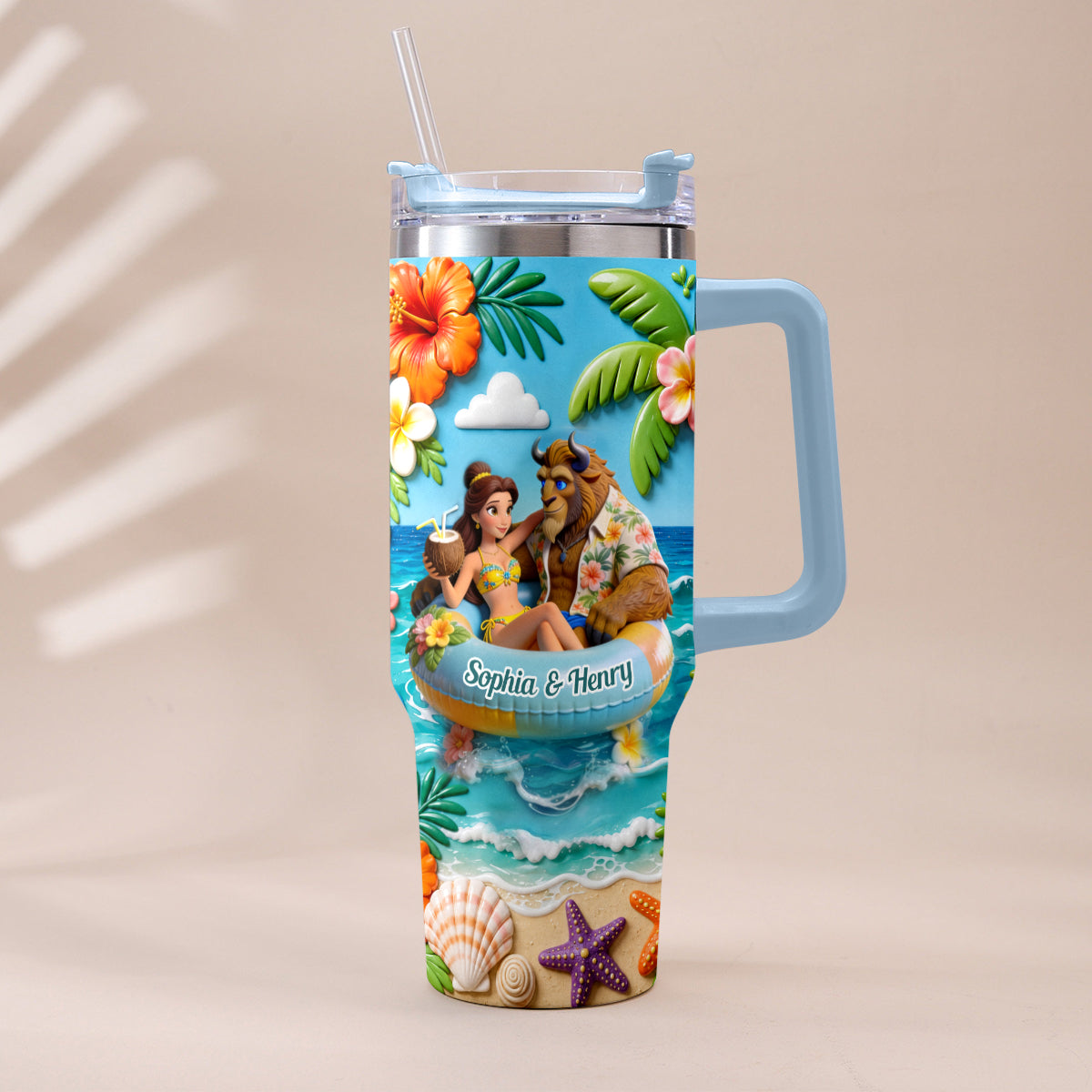 Personalized Beauty and the Beast Tumbler with Plush Charm for Couples Tumbler With Plush Charm GradoCreations