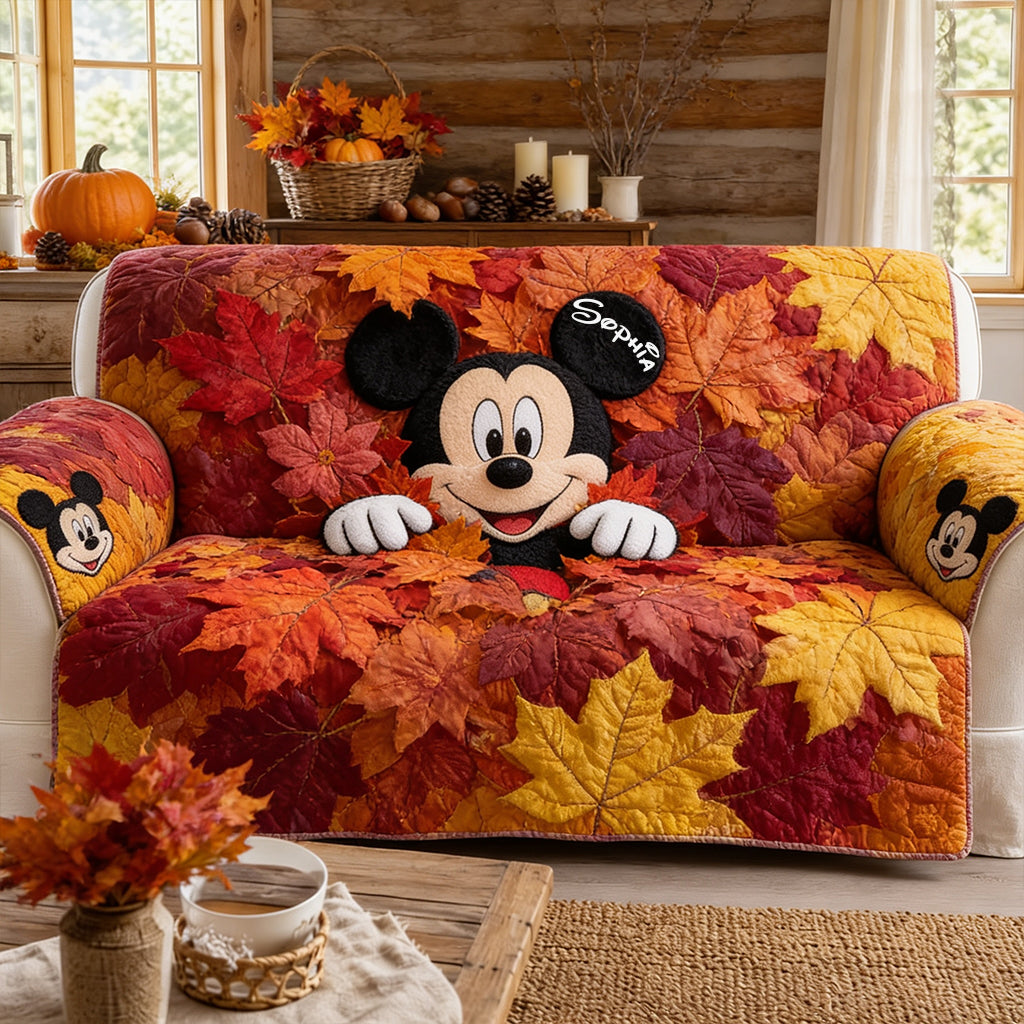 Personalized Mickey Mouse Quilted Sofa Cover Autumn Leaves Gift for Kids Quilted Sofa/Couch Cover GradoCreations