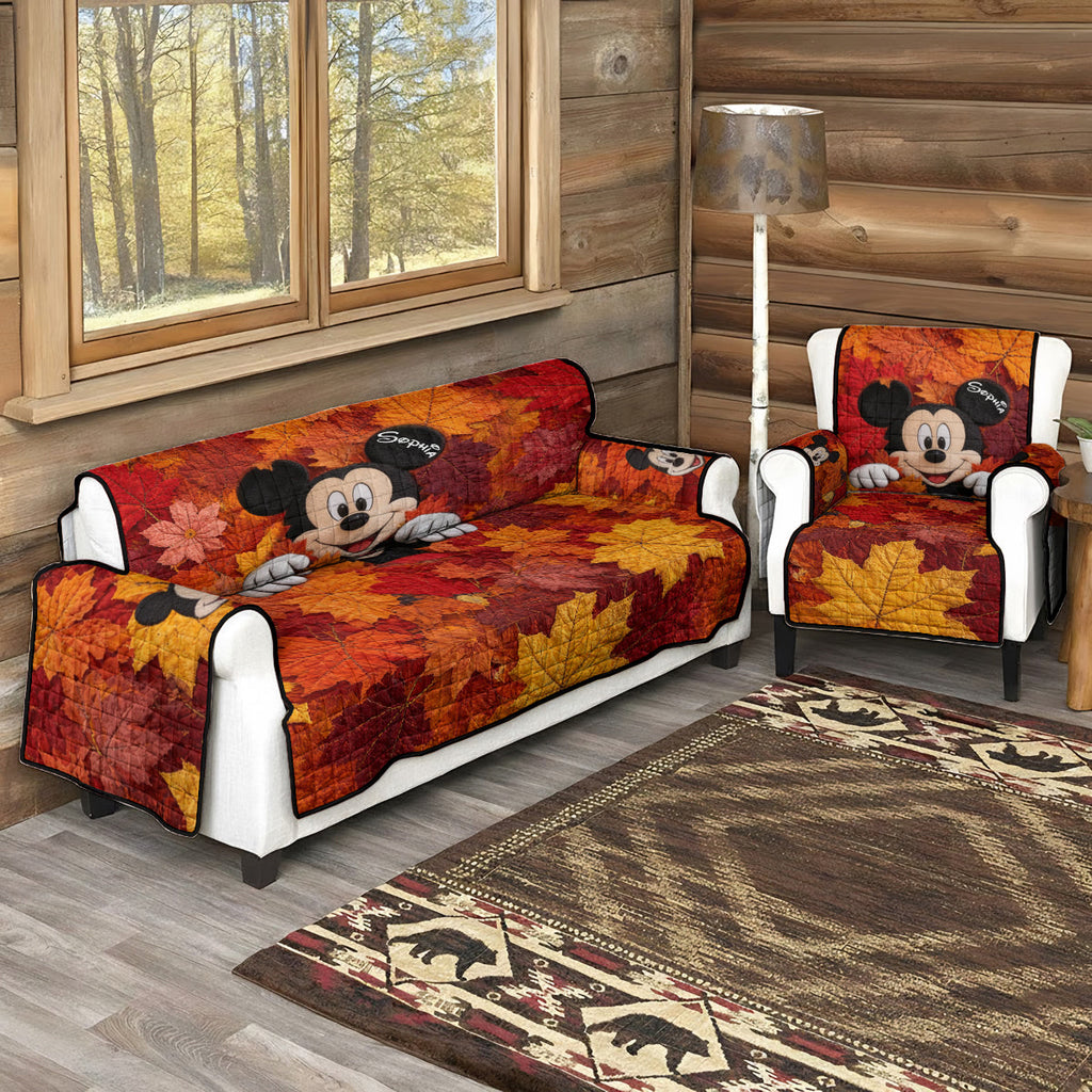 Personalized Mickey Mouse Quilted Sofa Cover Autumn Leaves Gift for Kids Quilted Sofa/Couch Cover GradoCreations
