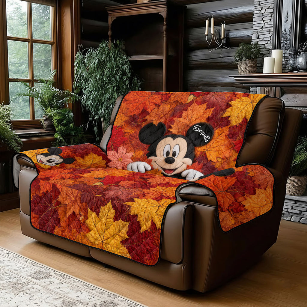 Personalized Quilted Sofa Cover with Fall Leaves and Mickey Mouse - Unique Home Decor Gift Quited Sofa Cover GradoCreations