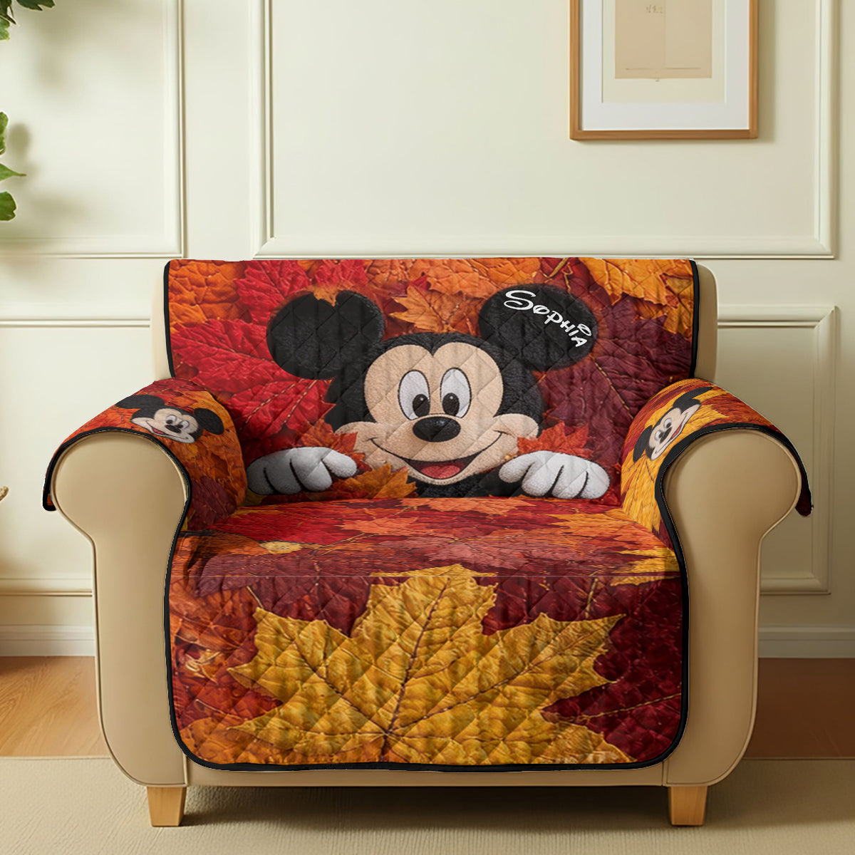Personalized Mickey Mouse Quilted Sofa Cover Autumn Leaves Gift for Kids Quilted Sofa/Couch Cover GradoCreations