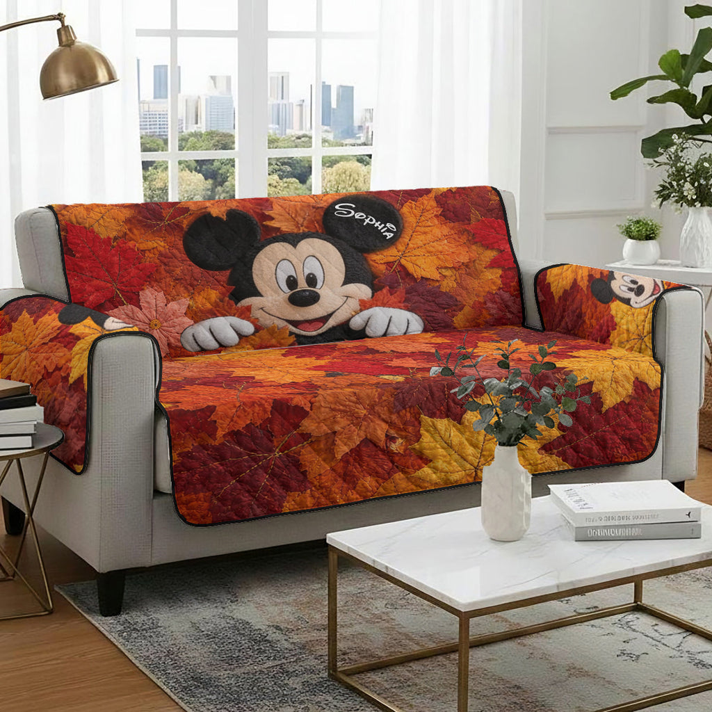 Personalized Quilted Sofa Cover with Fall Leaves and Mickey Mouse - Unique Home Decor Gift Quited Sofa Cover GradoCreations