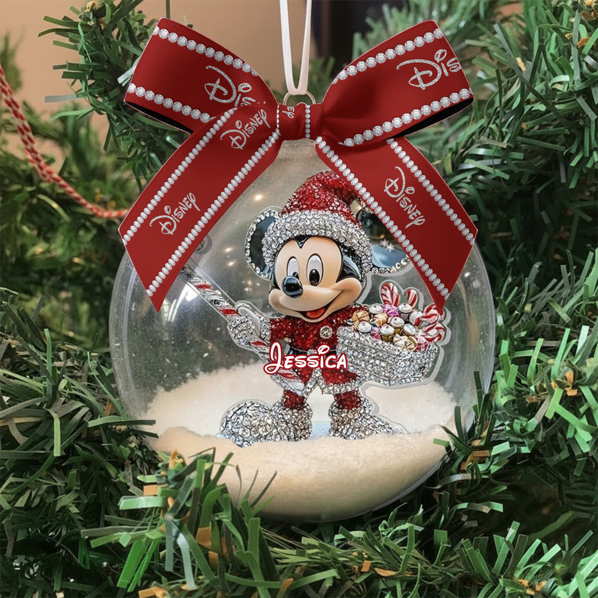 Personalized Disney Mouse Snow Globe Ornament with Bow for Christmas Snow Globe Ornament With Bow GradoCreations