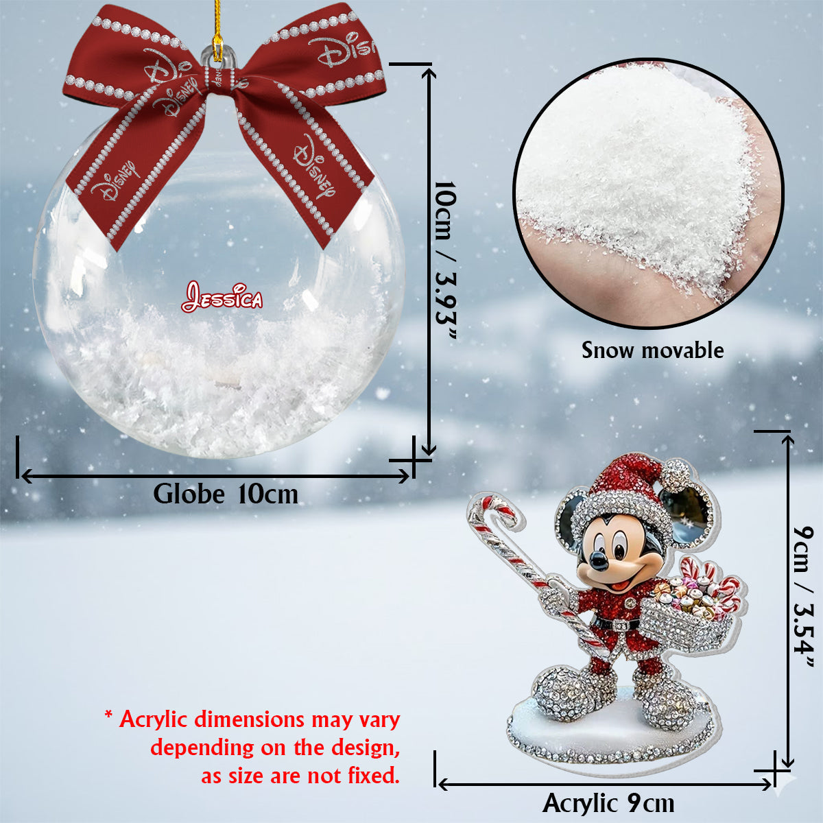 Personalized Disney Mouse Snow Globe Ornament with Bow for Christmas Snow Globe Ornament With Bow GradoCreations