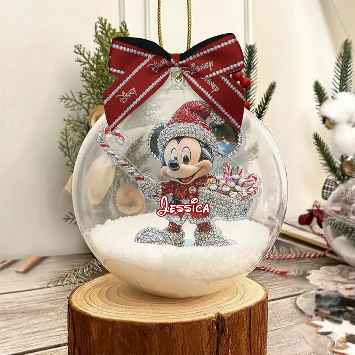 Personalized Disney Mouse Snow Globe Ornament with Bow for Christmas Snow Globe Ornament With Bow GradoCreations