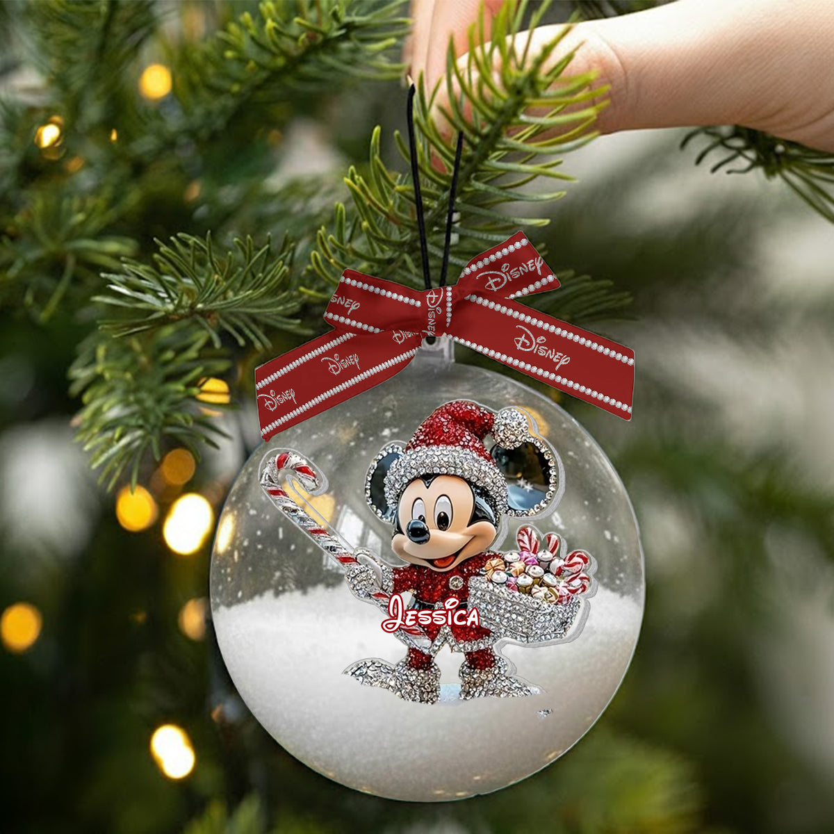Personalized Disney Mouse Snow Globe Ornament with Bow for Christmas Snow Globe Ornament With Bow GradoCreations