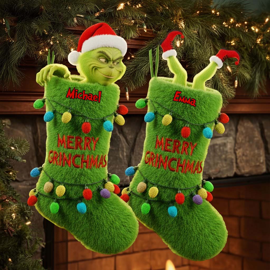 Personalized Merry Grinchmas Shaped Christmas Stocking for Kids Shaped Christmas Stocking GradoCreations