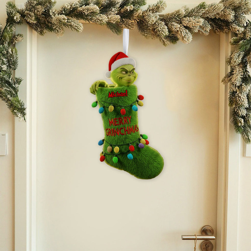 Personalized Merry Grinchmas Shaped Christmas Stocking for Kids Shaped Christmas Stocking GradoCreations