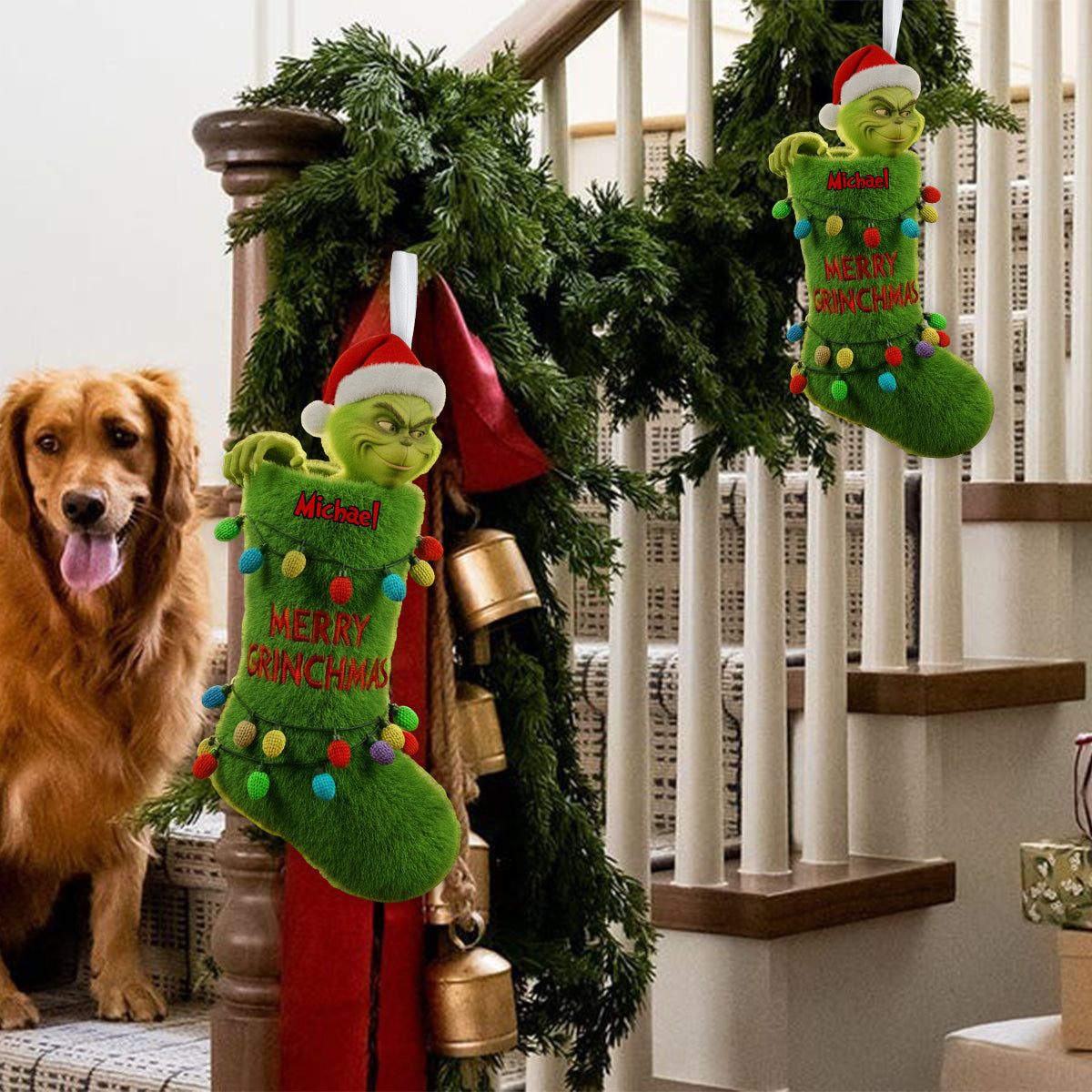 Personalized Merry Grinchmas Shaped Christmas Stocking for Kids Shaped Christmas Stocking GradoCreations
