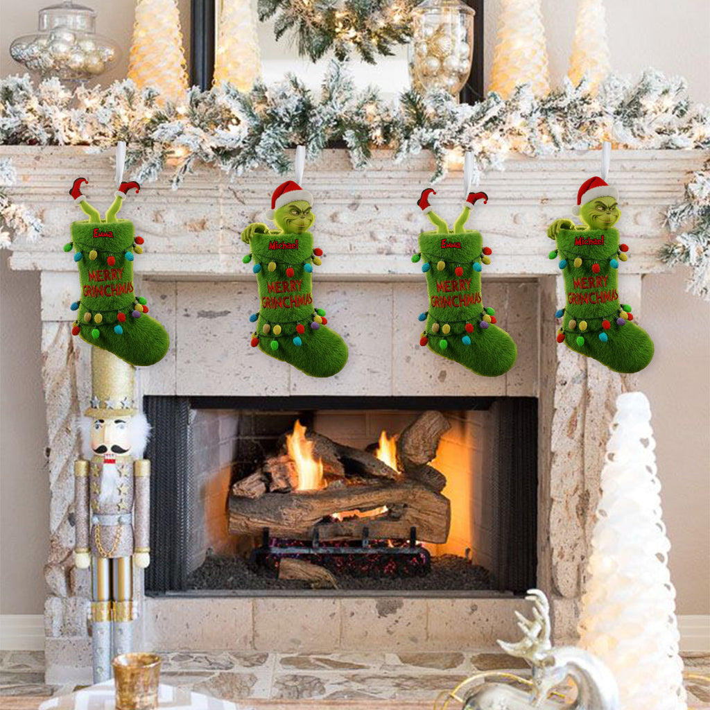 Personalized Merry Grinchmas Shaped Christmas Stocking for Kids Shaped Christmas Stocking GradoCreations