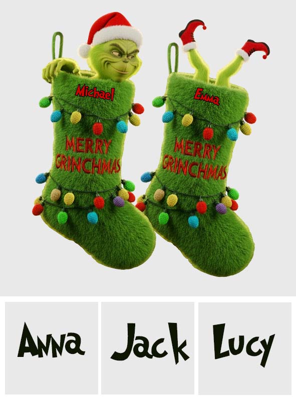 Personalized Merry Grinchmas Shaped Christmas Stocking for Kids Shaped Christmas Stocking GradoCreations