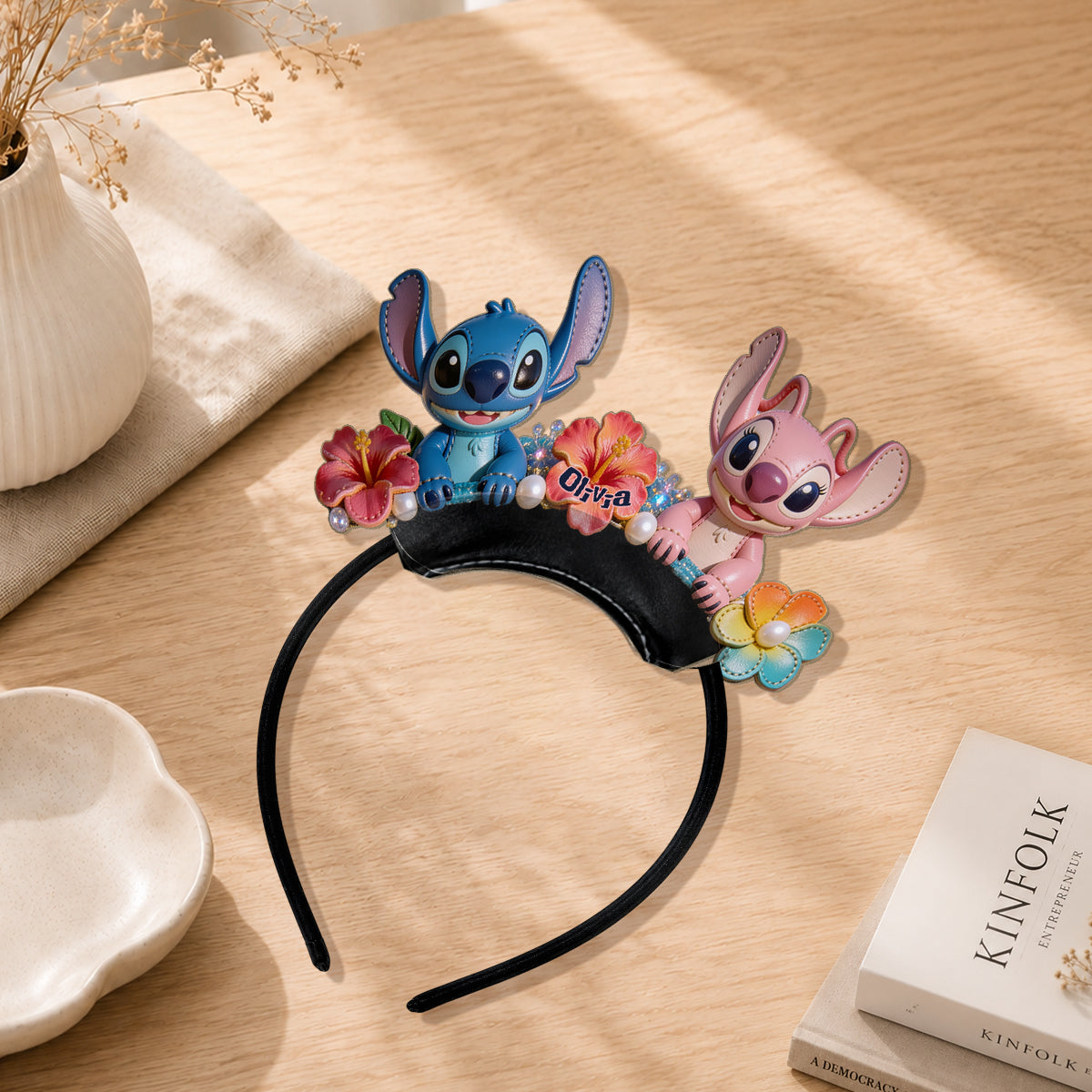 Personalized Floral Ohana Shaped Leather Headband for Kids & Adults Shaped Leather Headband GradoCreations
