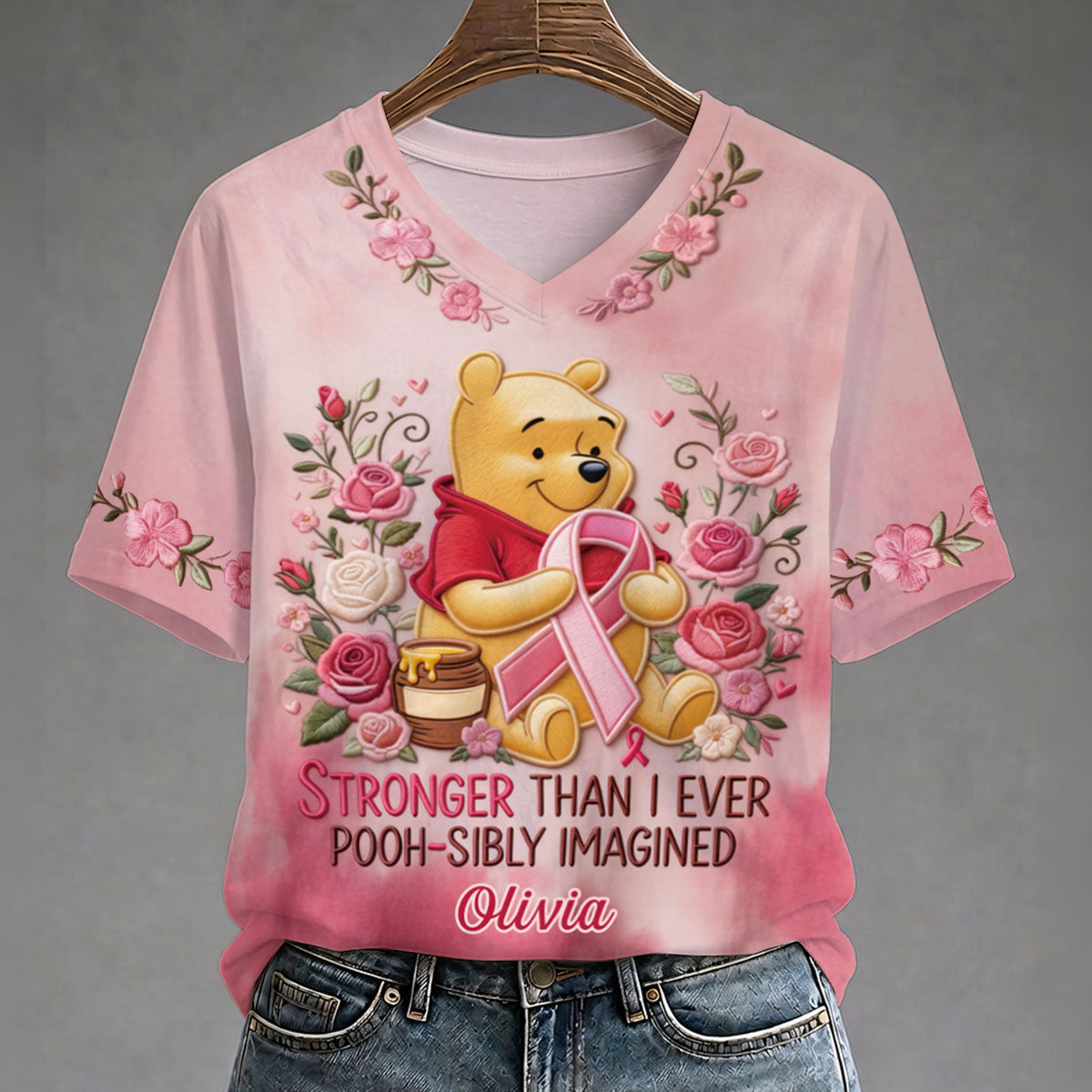 Personalized Floral V-Neck T-Shirt with Winnie the Pooh Design for Bridesmaids Fully Printed V-Neck T-Shirt GradoCreations