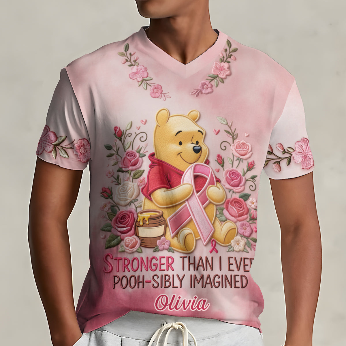 Personalized Floral V-Neck T-Shirt with Winnie the Pooh Design for Bridesmaids Fully Printed V-Neck T-Shirt GradoCreations