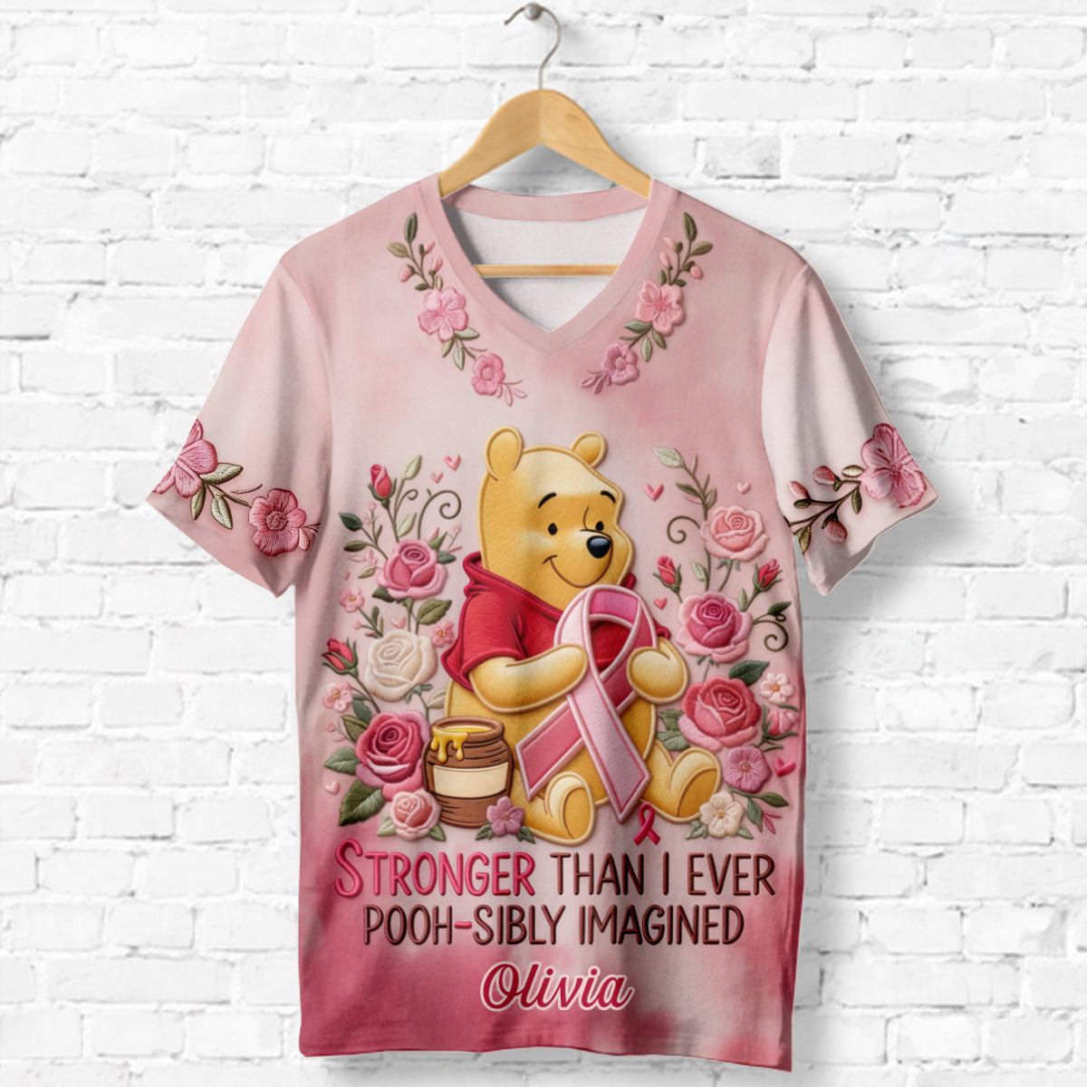Personalized Floral V-Neck T-Shirt with Winnie the Pooh Design for Bridesmaids Fully Printed V-Neck T-Shirt GradoCreations