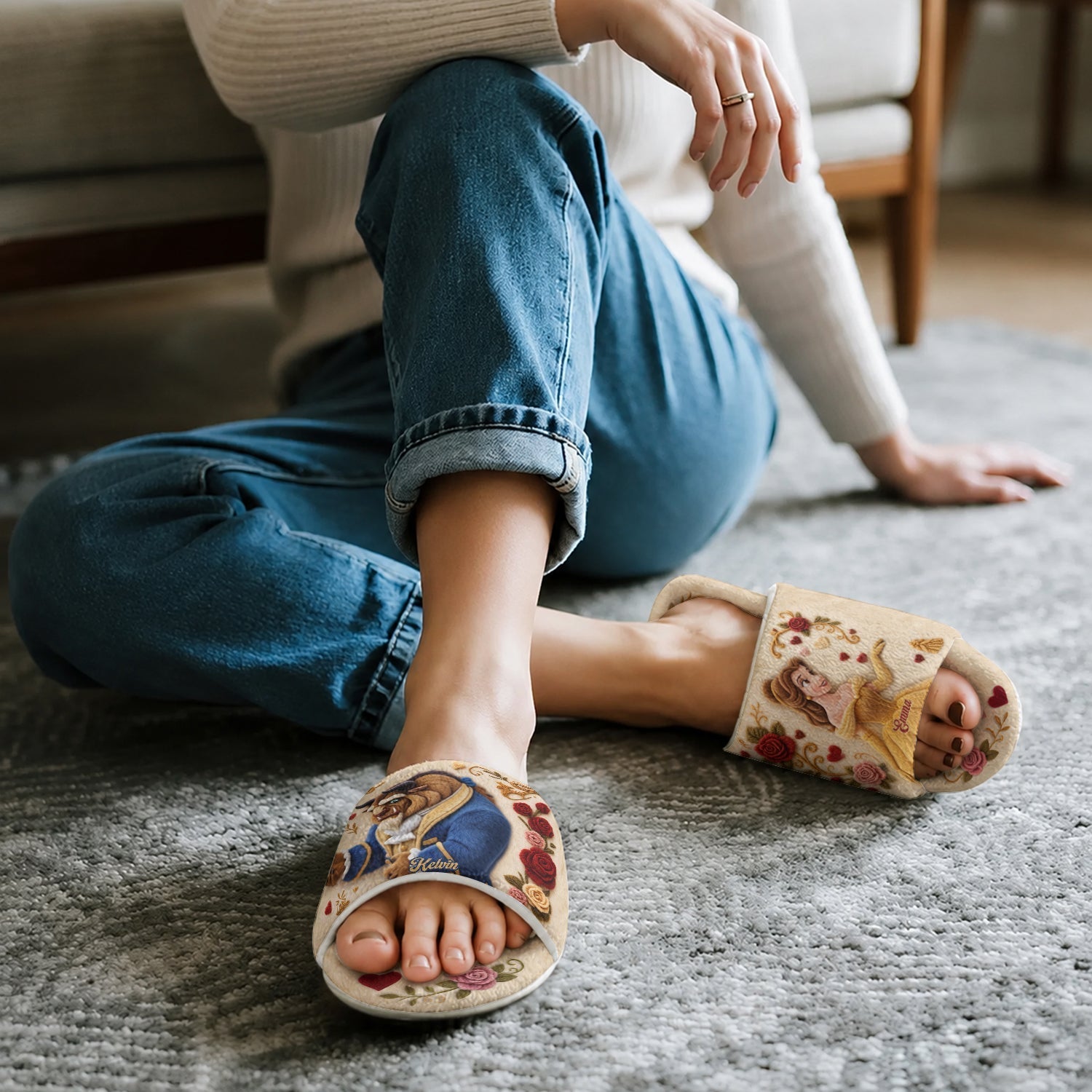 Personalized Beauty and the Beast Open-Toe Slippers Gift for Couples Open-Toe Slippers GradoCreations