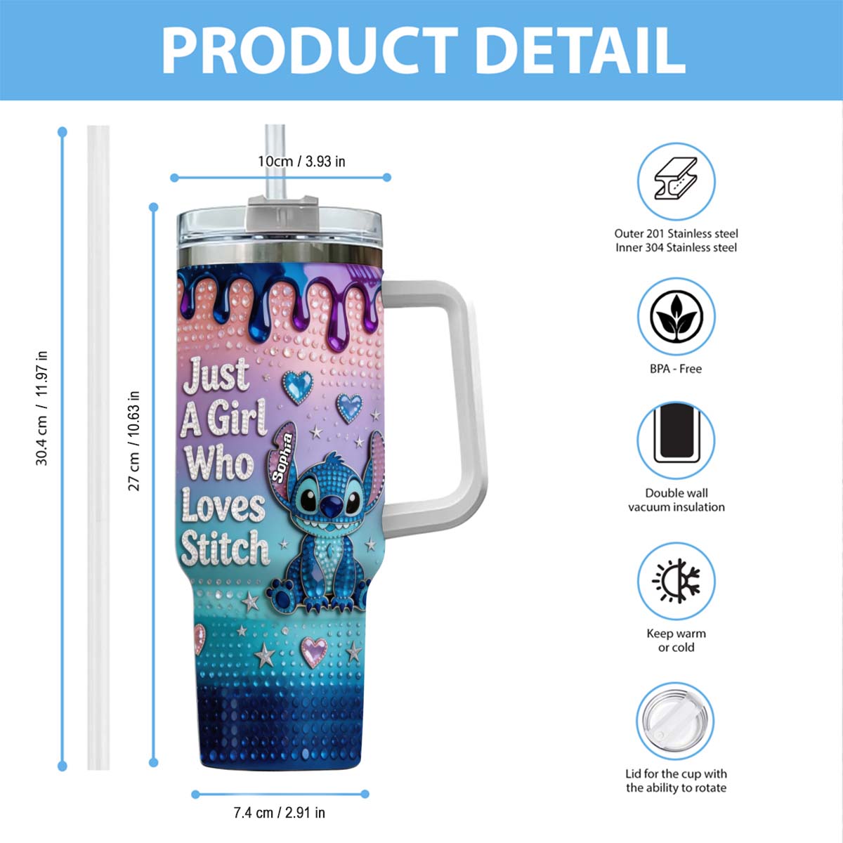 Personalized Ohana Tumbler with Handle for Girls - Custom Name Gift Tumbler With Handle GradoCreations