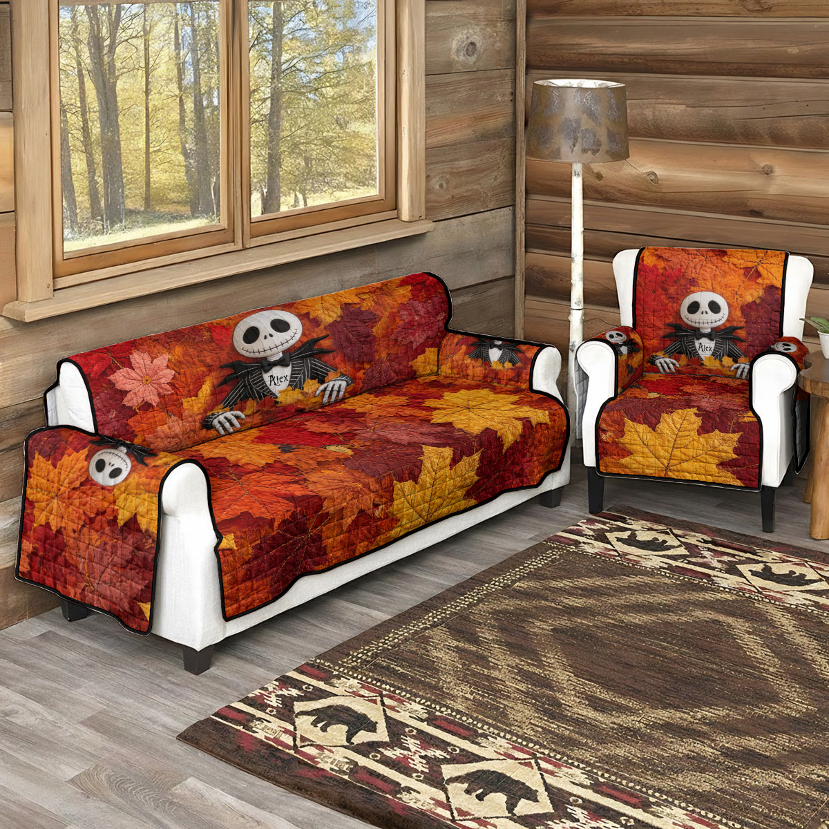 Personalized Nightmare Quilt Sofa Cover with Fall Leaves Design Quilted Sofa/Couch Cover GradoCreations