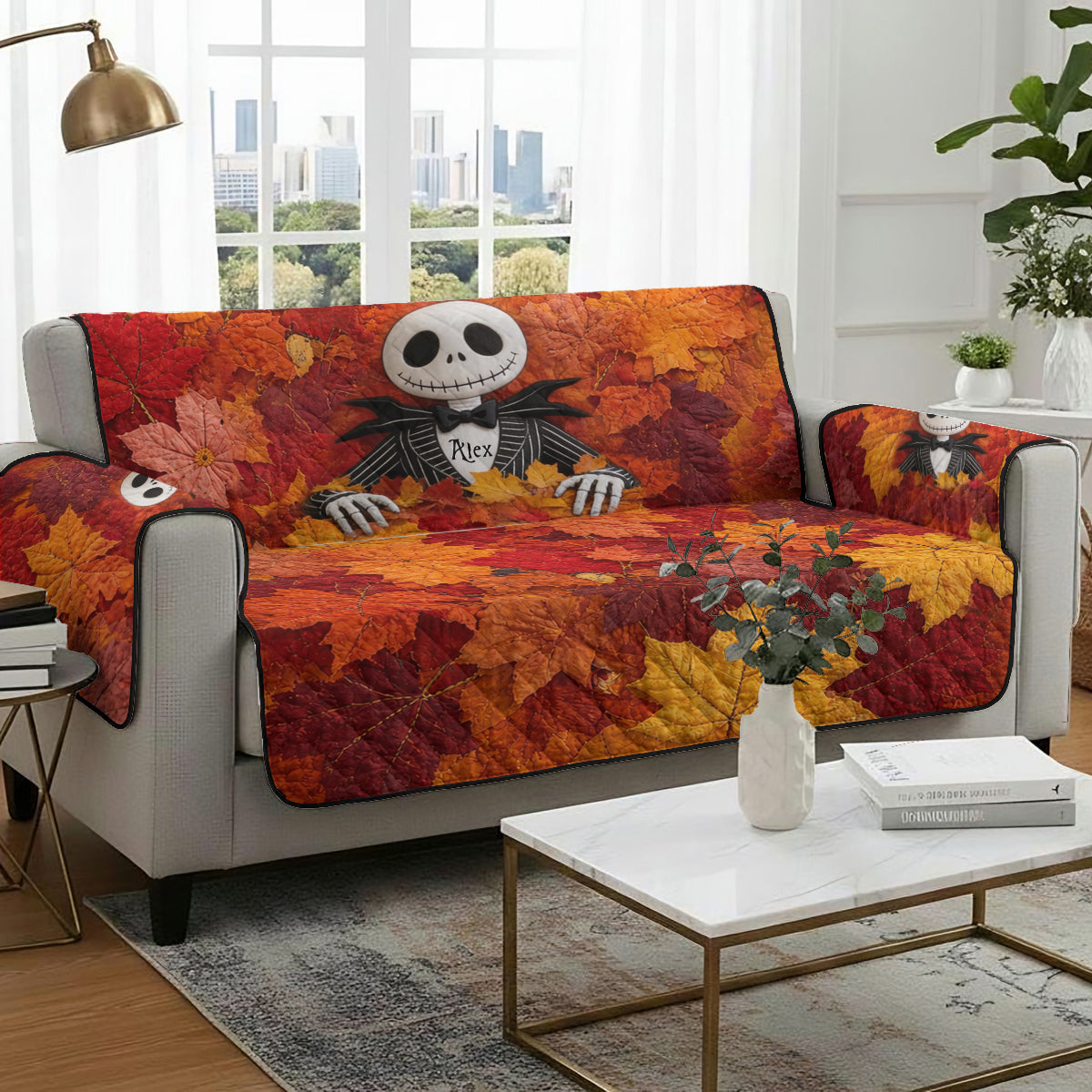 Personalized Quilted Sofa Cover Fall Leaves Halloween Home Decor Gift Quited Sofa Cover GradoCreations