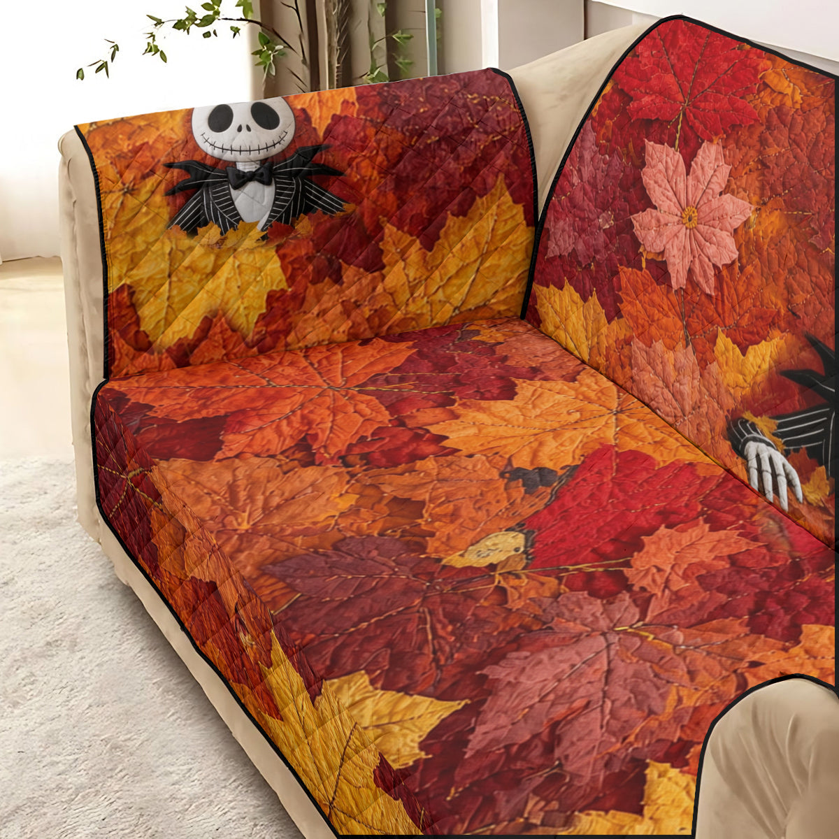 Personalized Nightmare Quilt Sofa Cover with Fall Leaves Design Quilted Sofa/Couch Cover GradoCreations