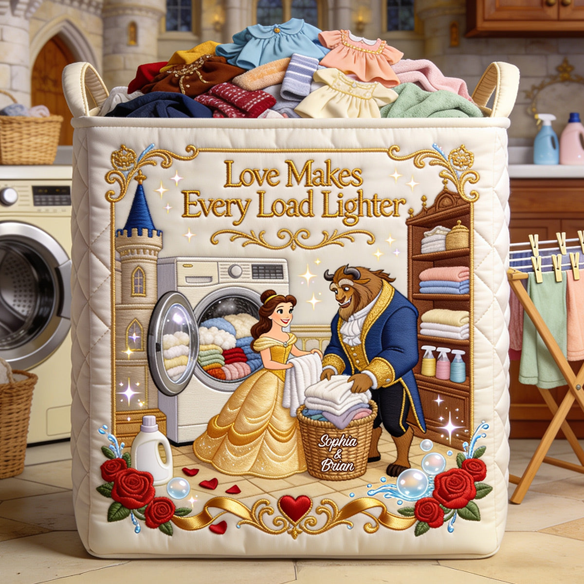 Personalized Quilted Laundry Basket Custom Couples Gift with Artwork Quilted Laundry Basket GradoCreations