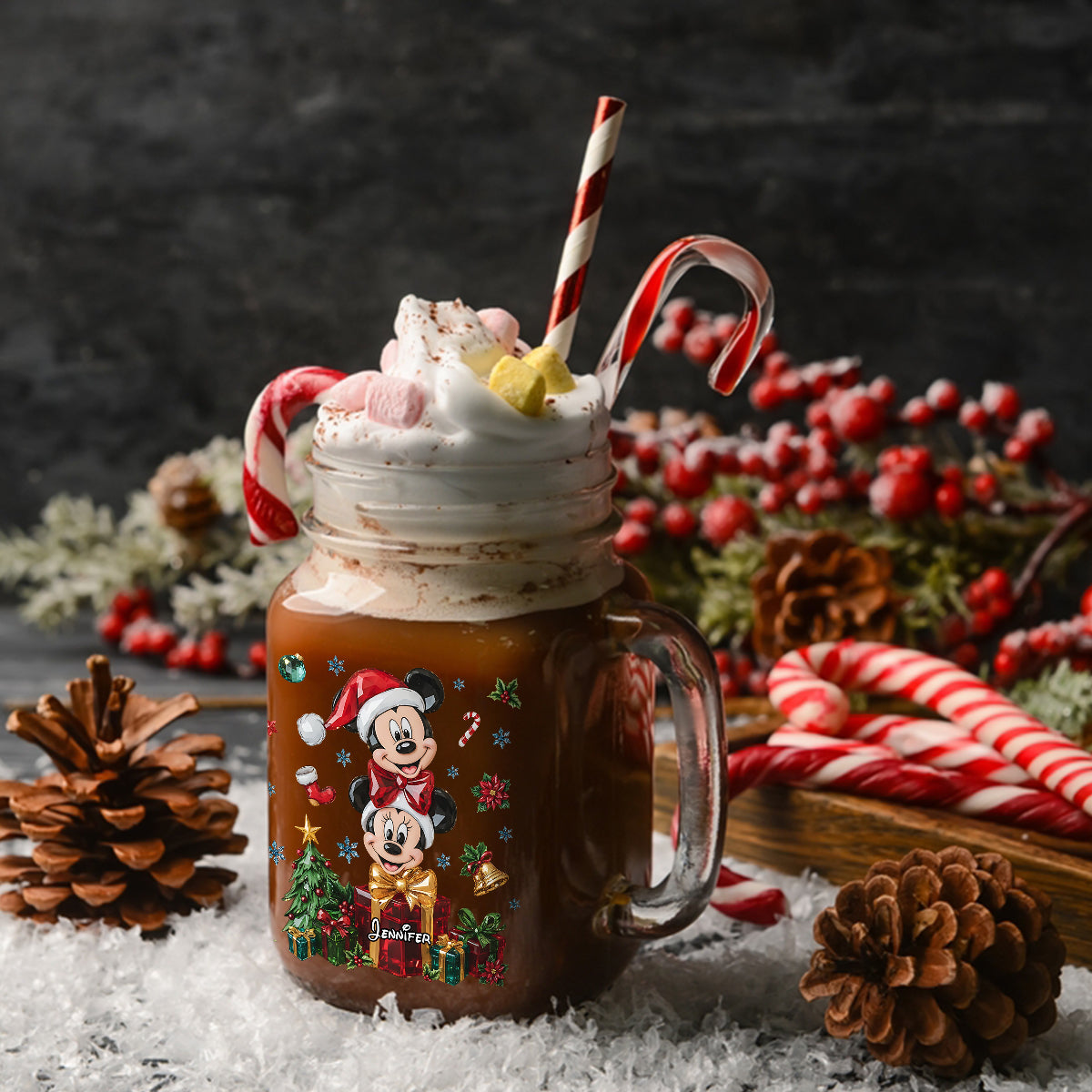 Personalized Merry Christmas Mason Jar Cup with Lid and Straw Mason Jar Cup GradoCreations