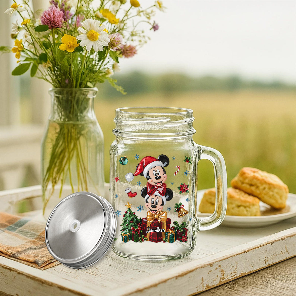 Personalized Merry Christmas Mason Jar Cup with Lid and Straw Mason Jar Cup GradoCreations