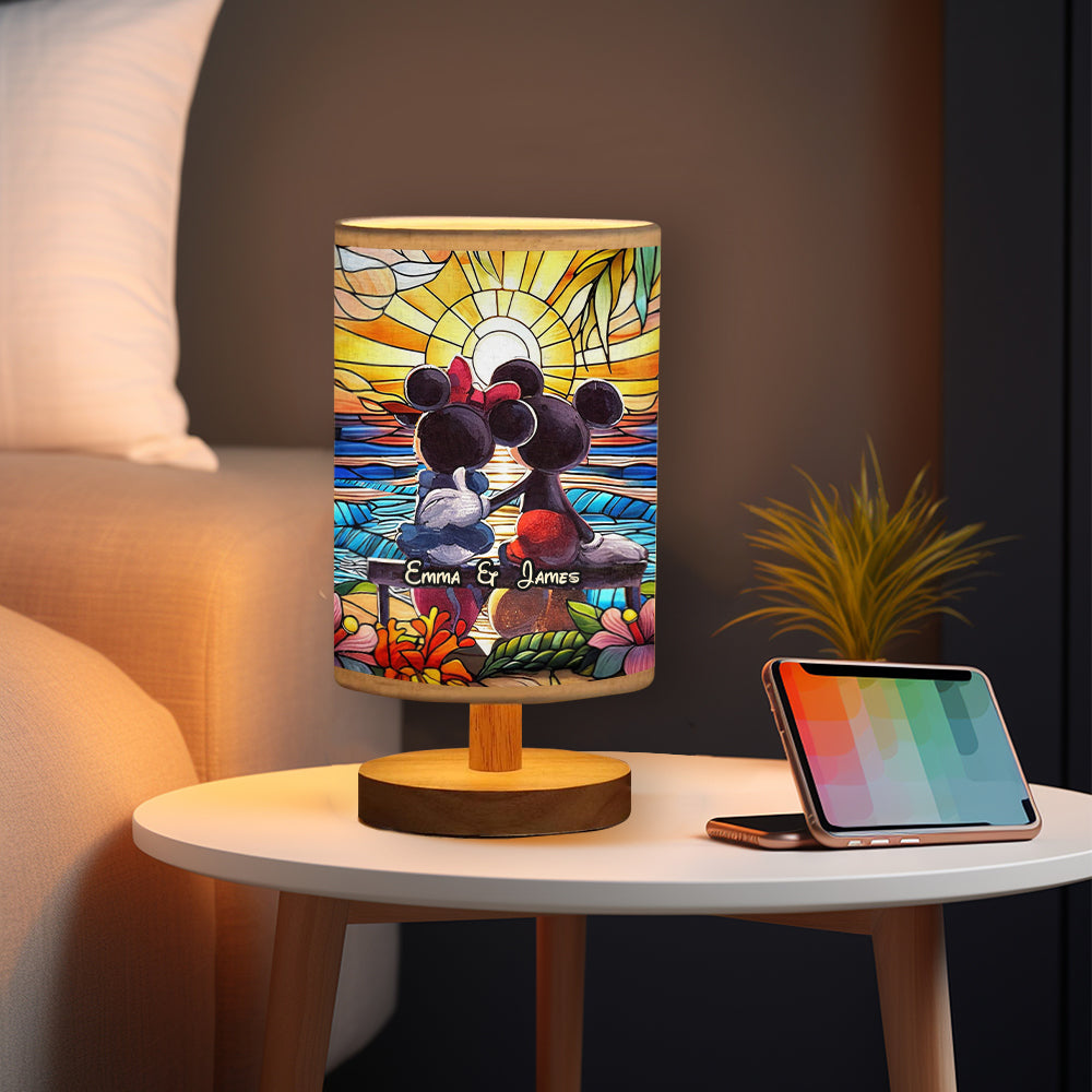 Personalized Mouse Table Lamp with Wood Base Custom Name Gift for Couples Tableside Lamp with Wood Base GradoCreations