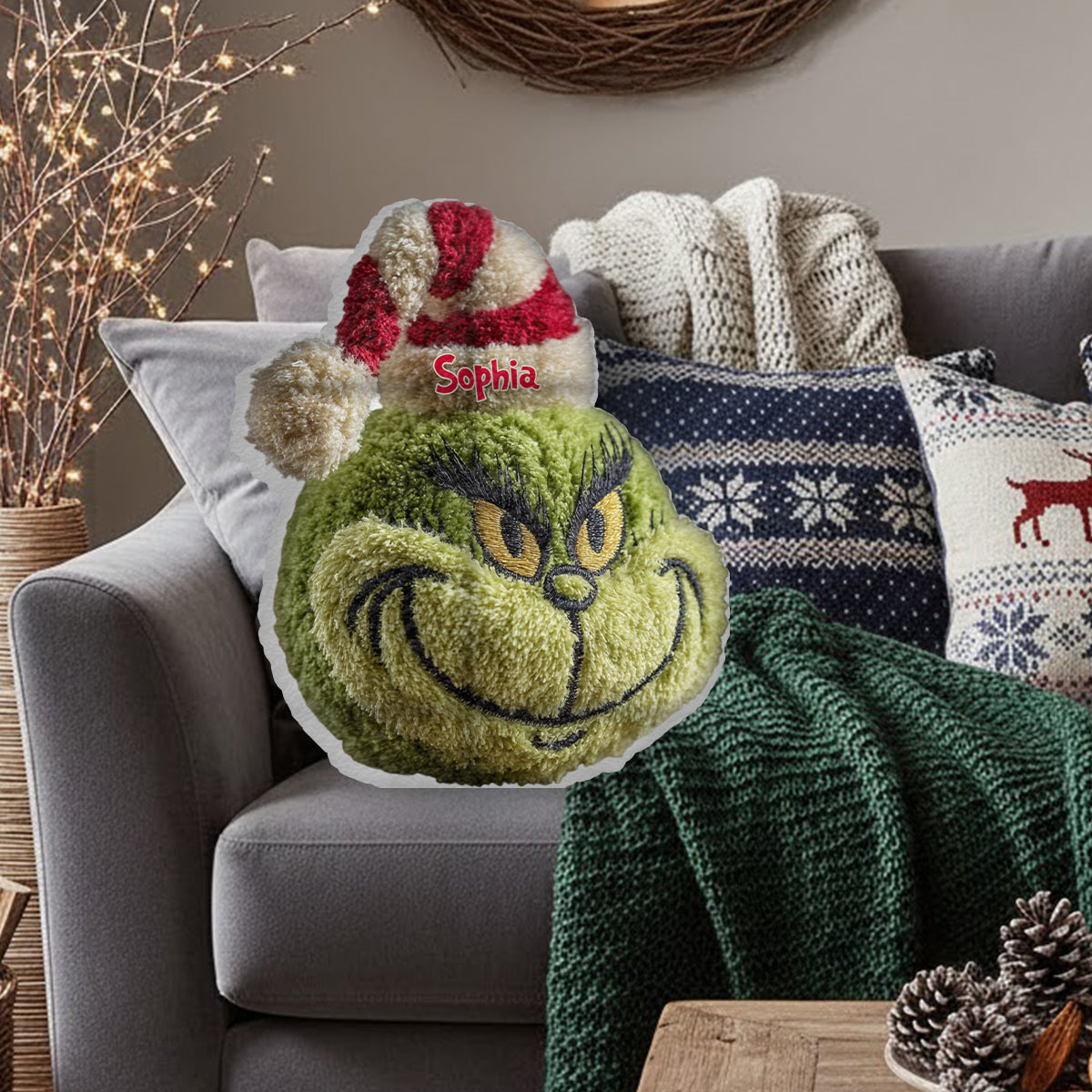 Personalized Grinch Faux Fur Pillow Custom Name Christmas Gift Faux Fur Shaped Pillow GradoCreations