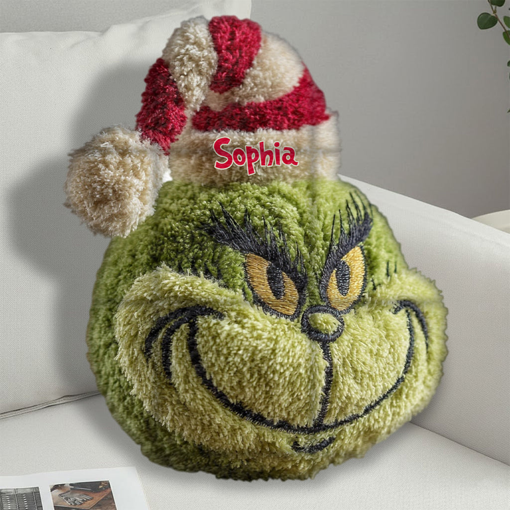 Personalized Grinch Faux Fur Pillow Custom Name Christmas Gift Faux Fur Shaped Pillow GradoCreations
