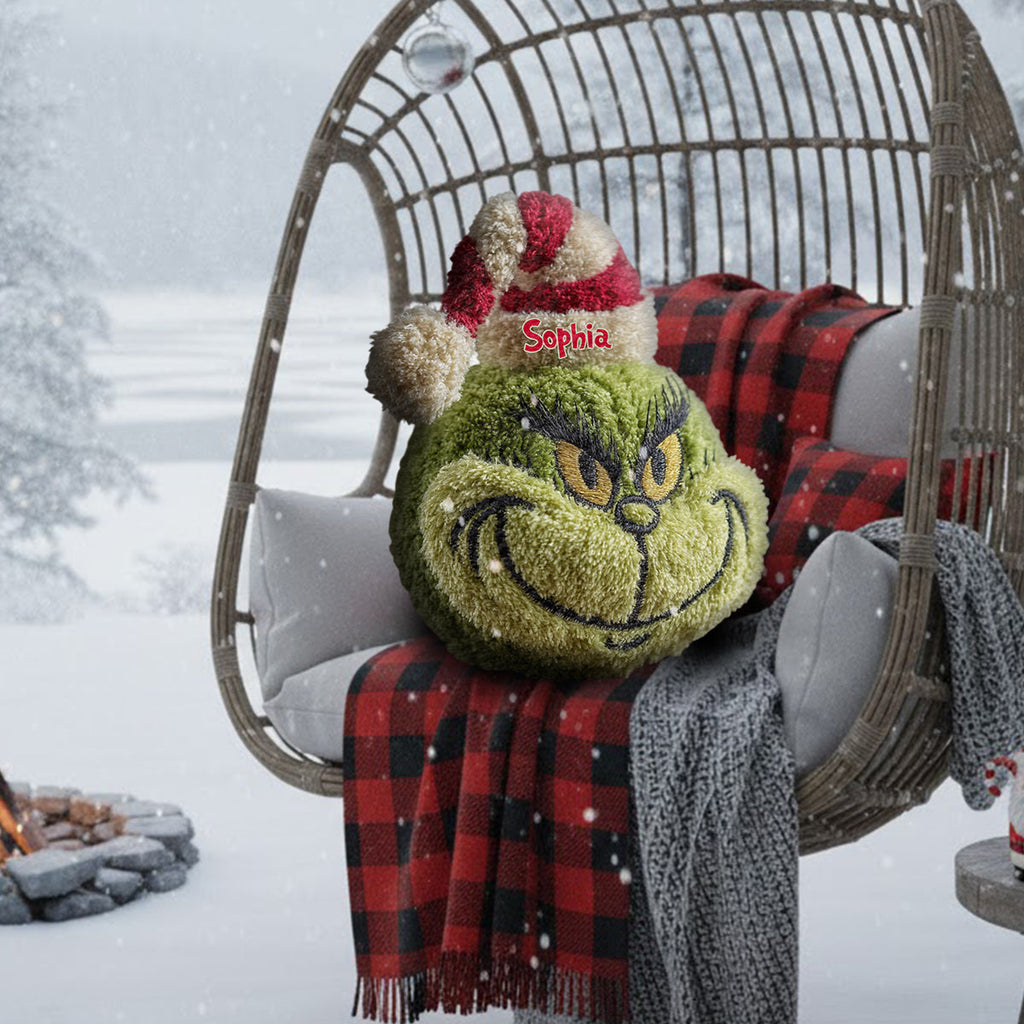 Personalized Grinch Shaped Pillow Custom Name Christmas Gift Faux Fur Shaped Pillow GradoCreations