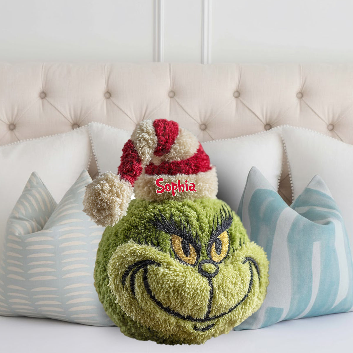 Personalized Grinch Shaped Pillow Custom Name Christmas Gift Faux Fur Shaped Pillow GradoCreations