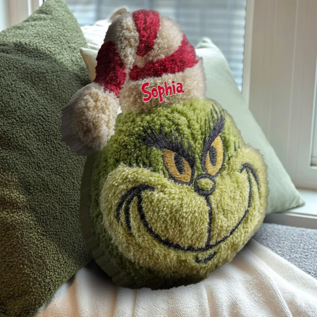 Personalized Grinch Shaped Pillow Custom Name Christmas Gift Faux Fur Shaped Pillow GradoCreations
