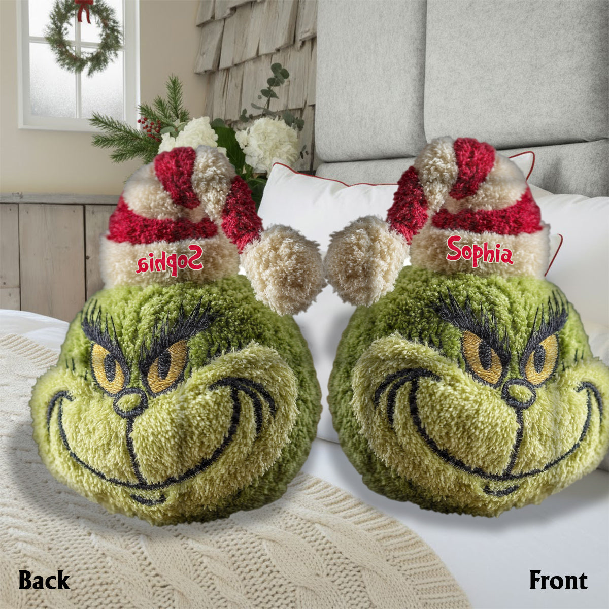Personalized Grinch Shaped Pillow Custom Name Christmas Gift Faux Fur Shaped Pillow GradoCreations