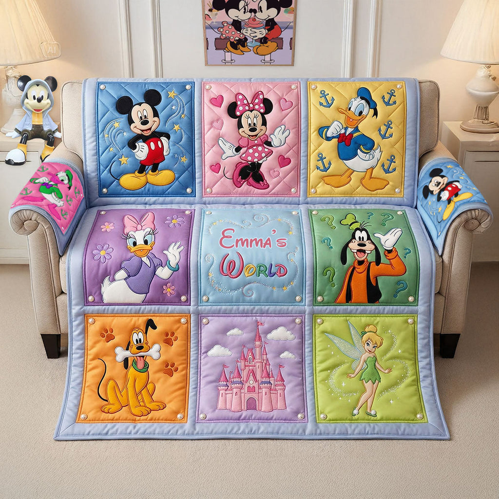 Personalized Quilted Sofa Cover with Disney Characters Gift for Her Quited Sofa Cover GradoCreations